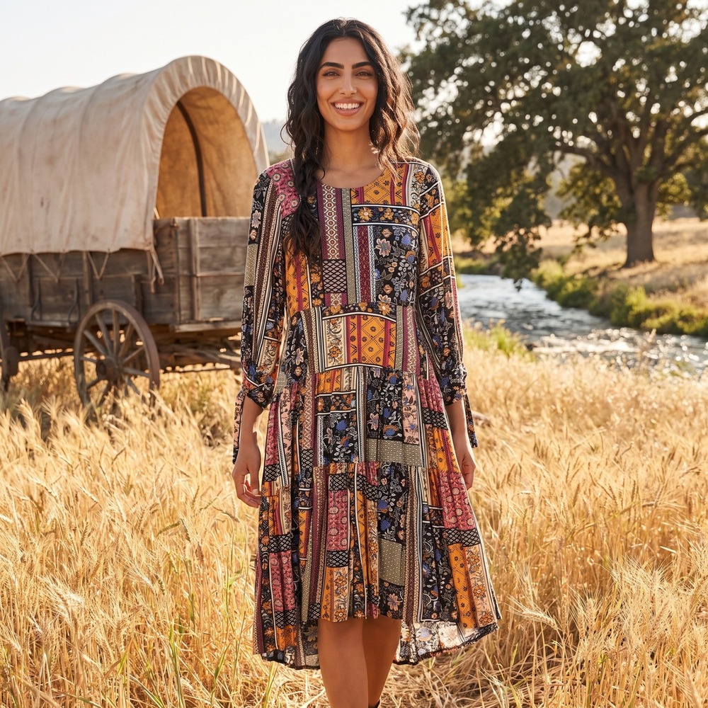 JAASE Patchwork Dress Womens S Multicolor Boho Tiered High Low